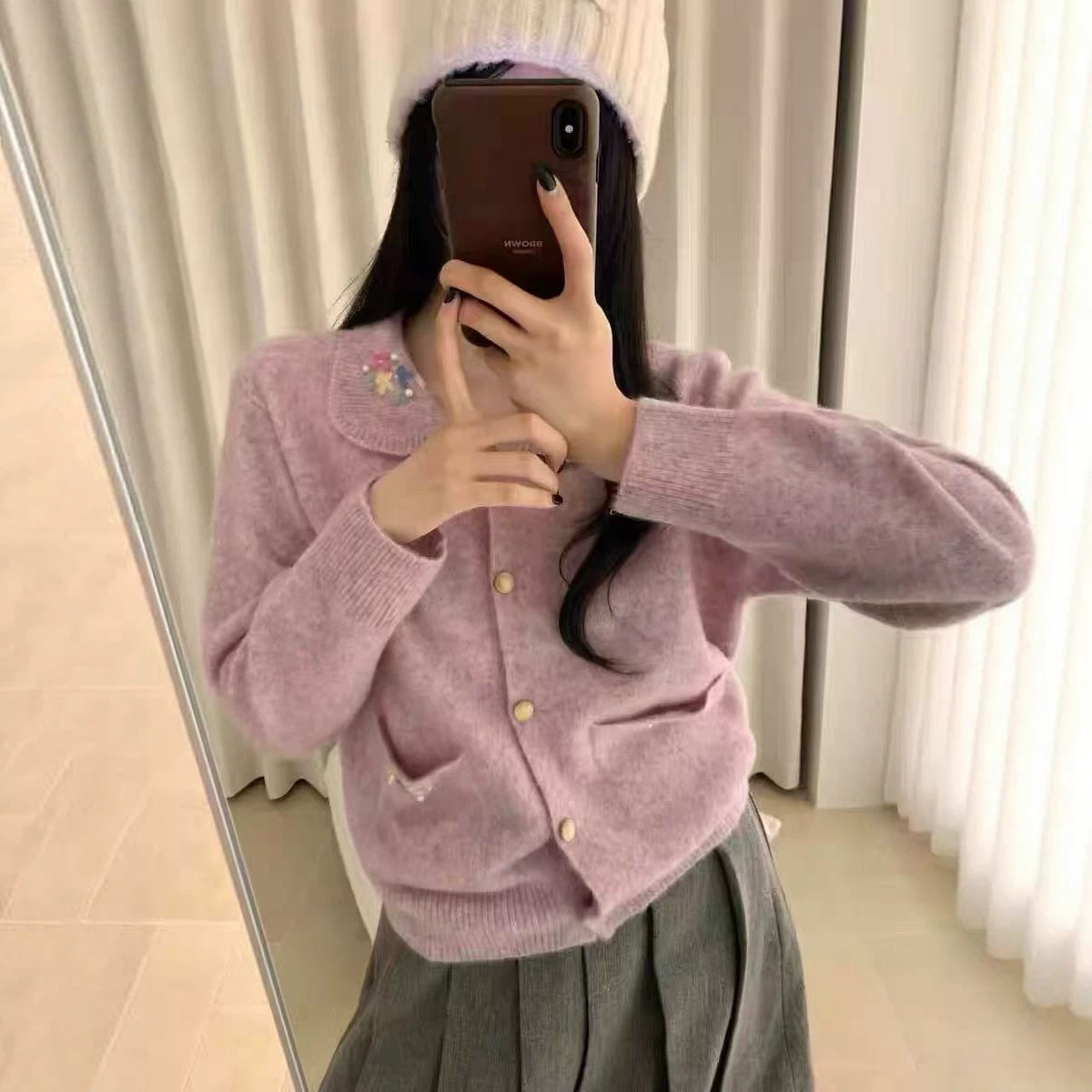 秋冬韩系翻领绣花钩花针织开衫女