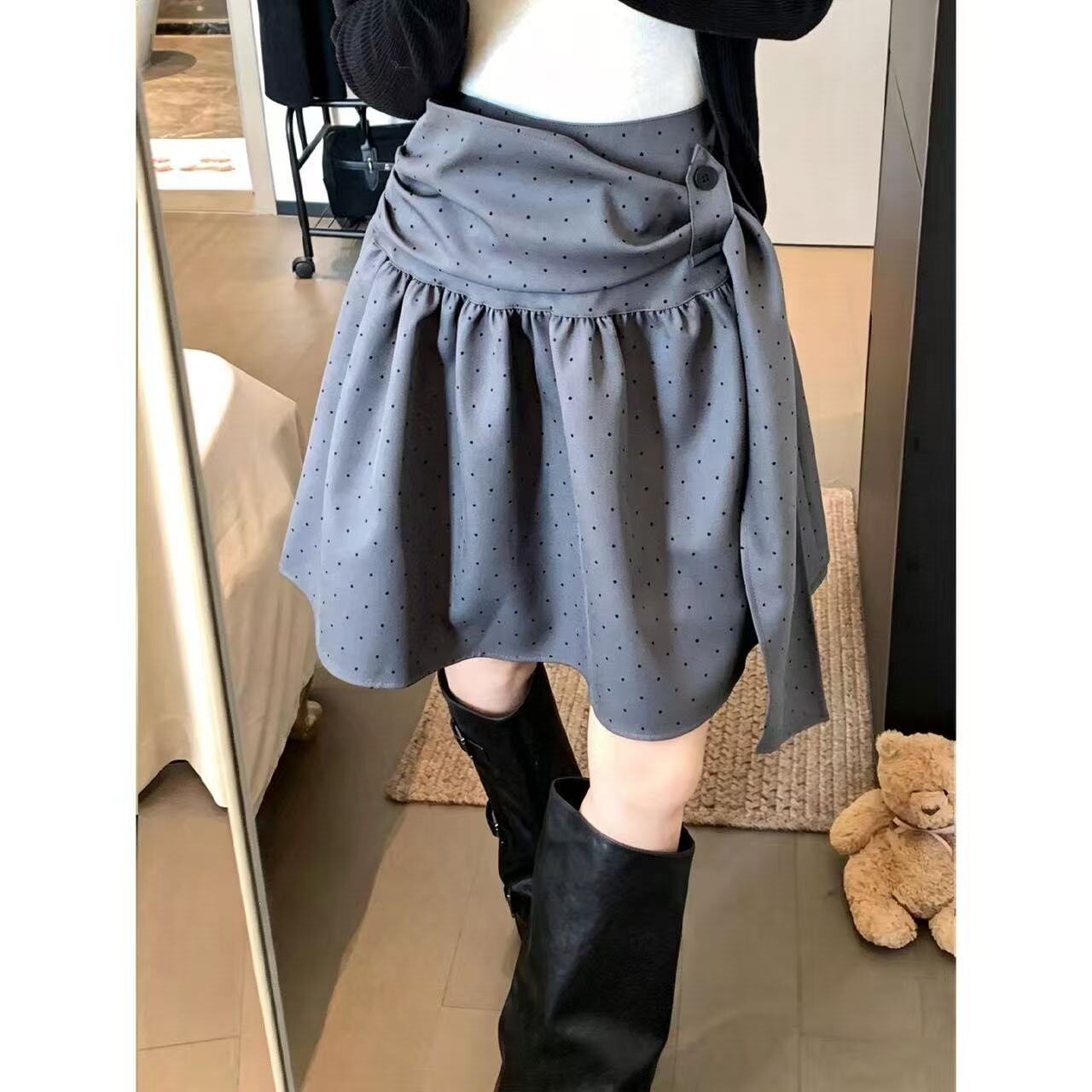 春夏韩系波点高腰显瘦A字短裙