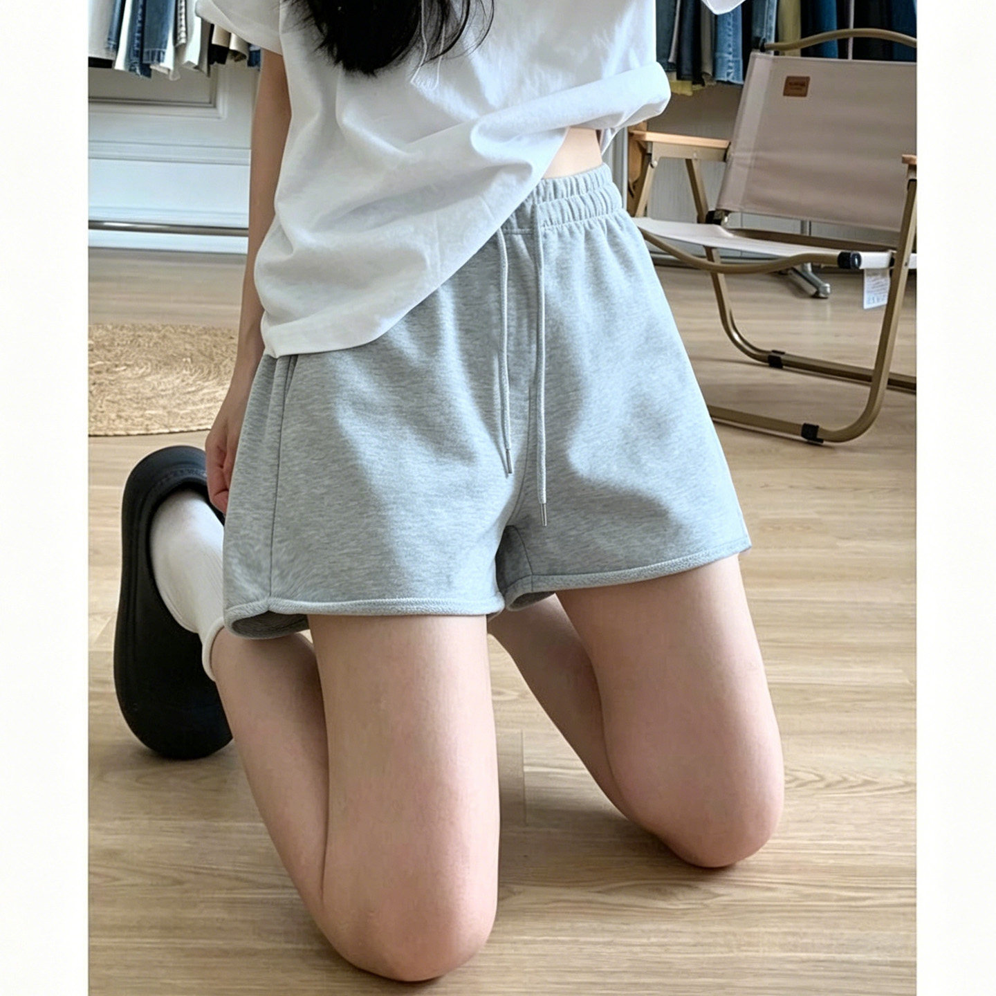 纯棉灰色高腰阔腿三分短裤女夏