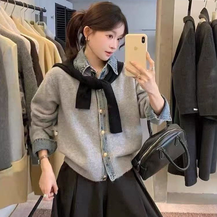 十三行2026牛仔衬衫领拼接假两件毛衣女秋冬翻领针织外套