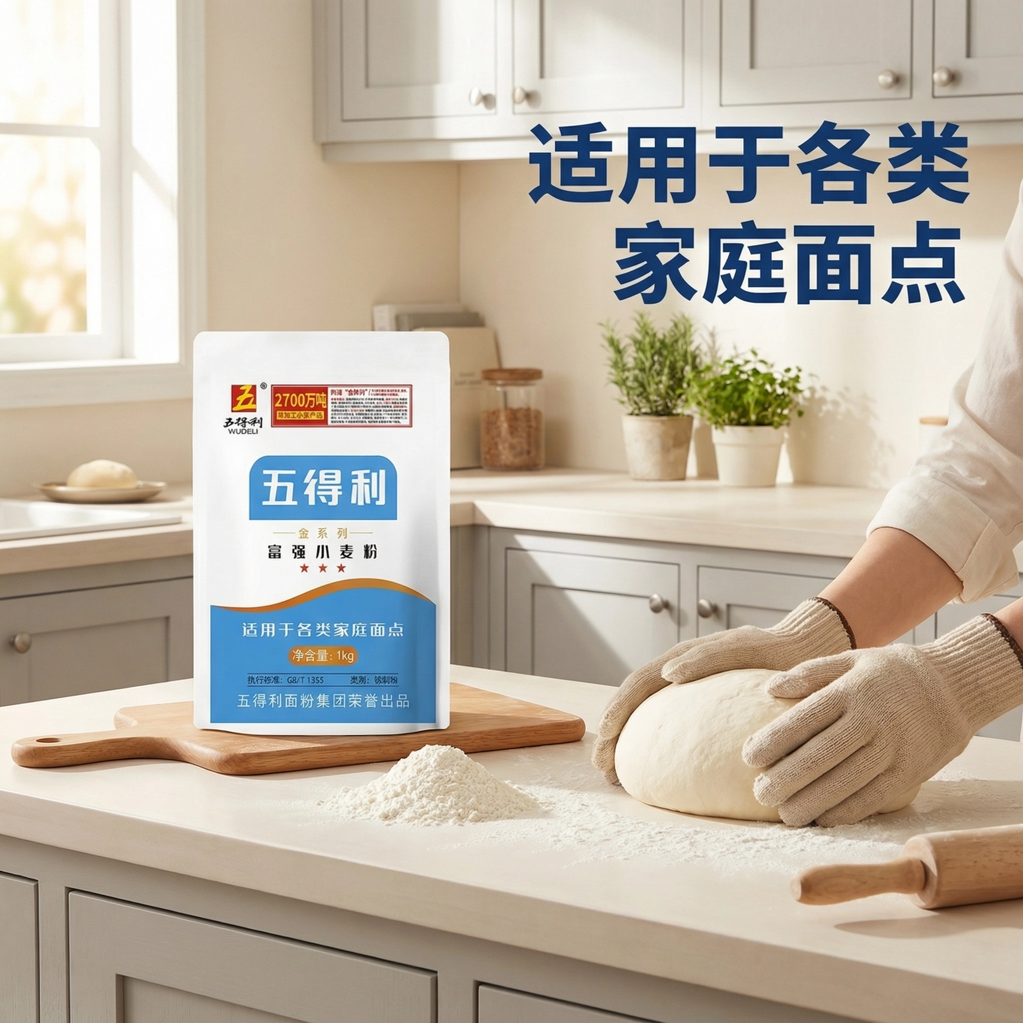 五得利富强小麦粉1kg家用精制粉蓬松暄软不易粘手面粉