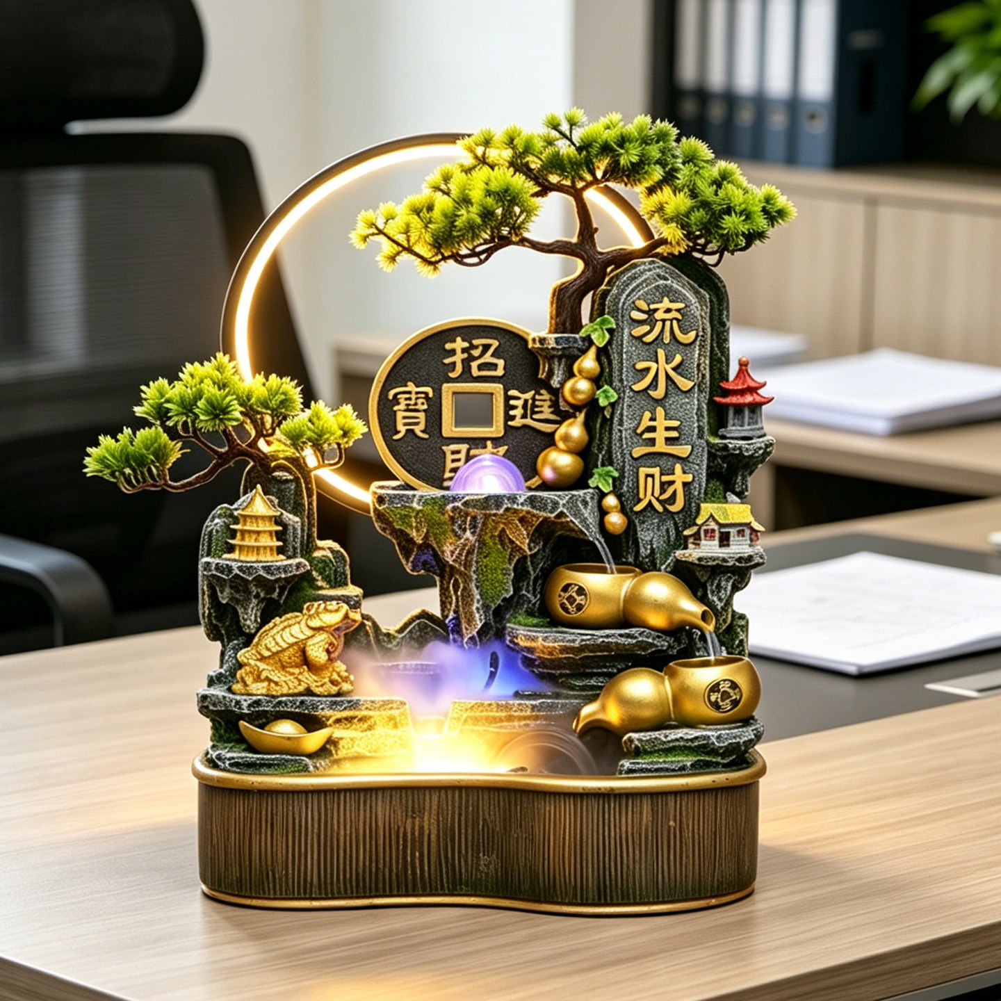 流水生财摆件循环水办公室桌面风水金蟾葫芦假山招财开业乔迁礼物