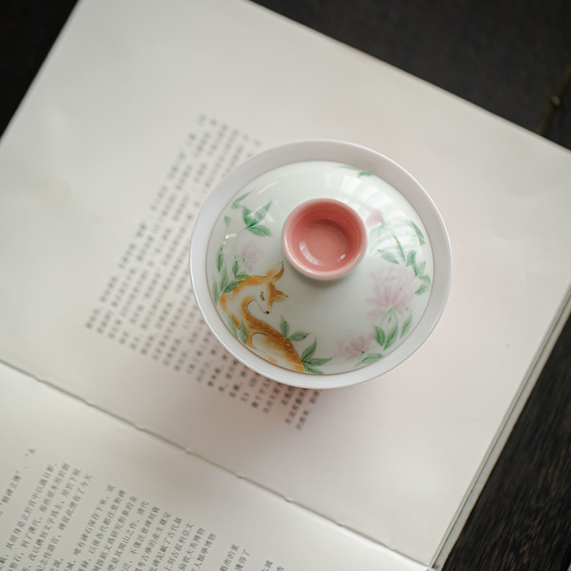 夏禾茶具釉下手绘乌龙茶茶碗茶杯见鹿盖碗茶具家用粉色深泡功夫林