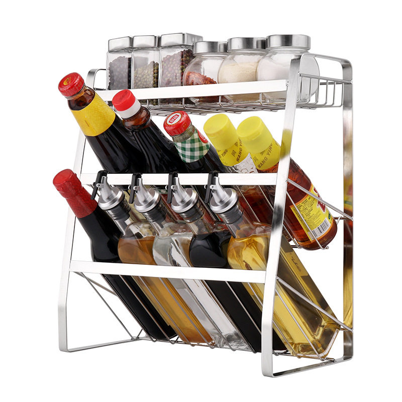 304不锈钢三层厨房调料瓶置物架用品调味台面架斜收纳佐料放盐罐