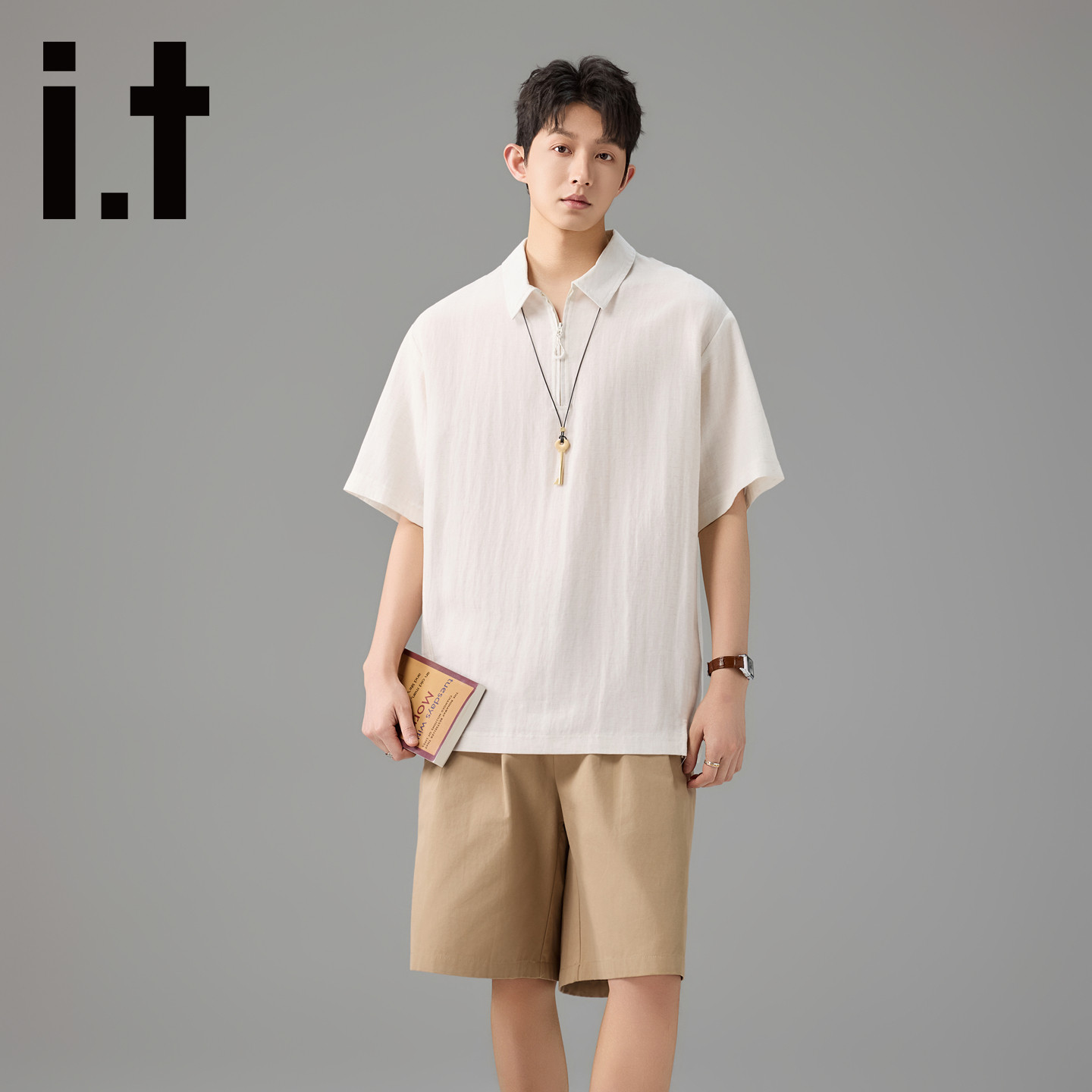 it FIVE CM亚麻短袖t恤男女2026夏季新款薄款透气老钱风翻领上衣