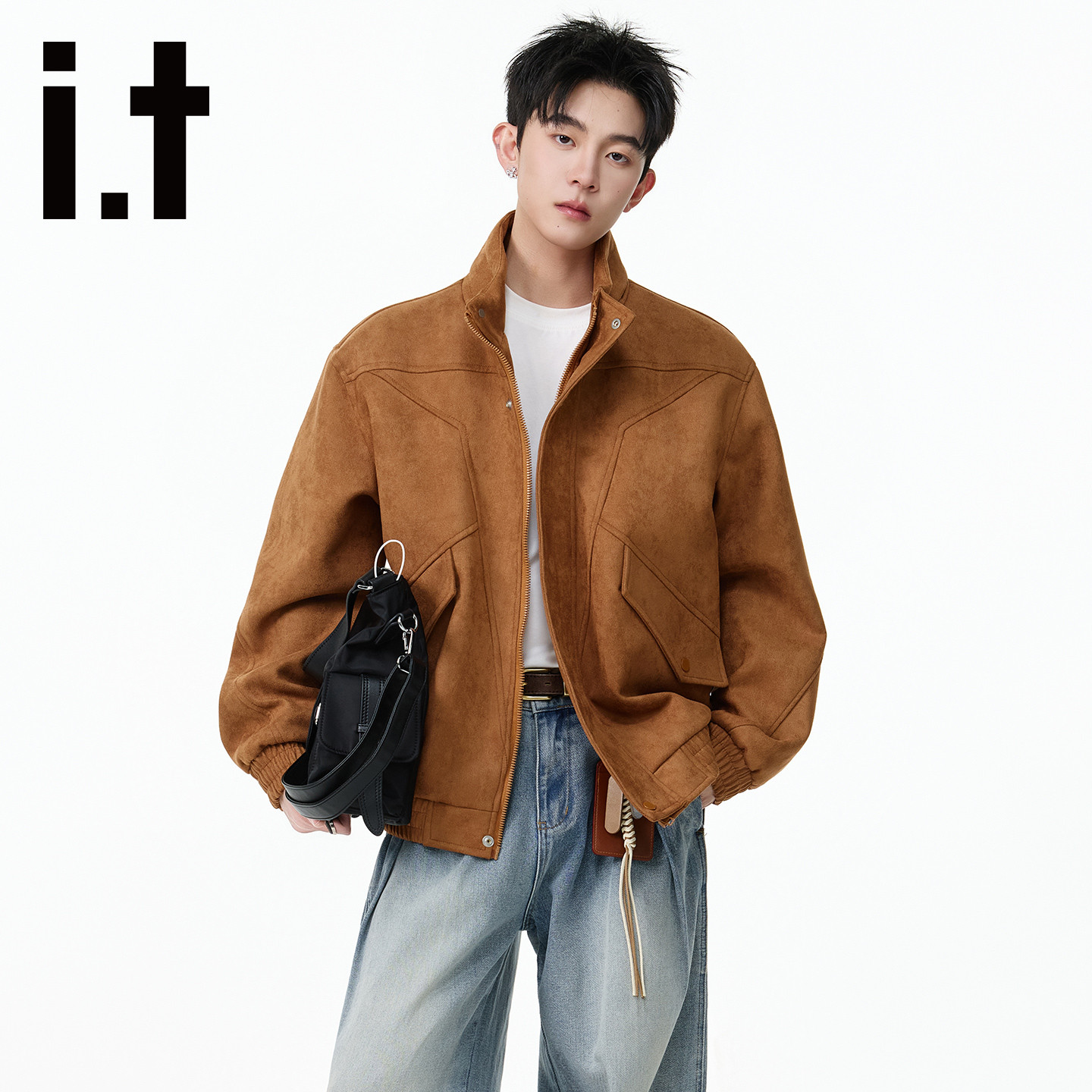 it FIVE CM立领夹克男短款2026春秋新款仿麂皮棕色复古工装外套潮