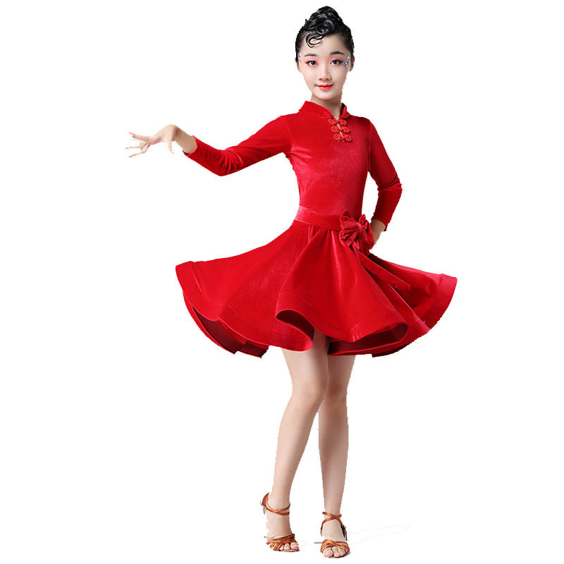 2026新款儿童拉丁舞裙秋冬季拉丁练功服长袖金丝绒女童拉丁舞蹈演