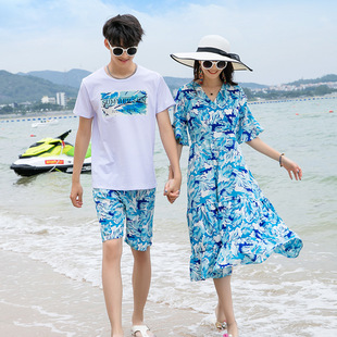 2026新款海边旅游情侣装夏装短袖女款沙滩连衣裙男套装洋气夏季三