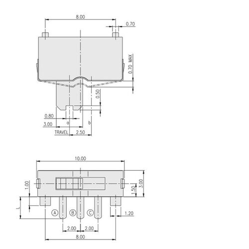 SC12P-B-V-T/R台湾2档3脚弯脚侧拨拨动开关波动小型电源滑动开关