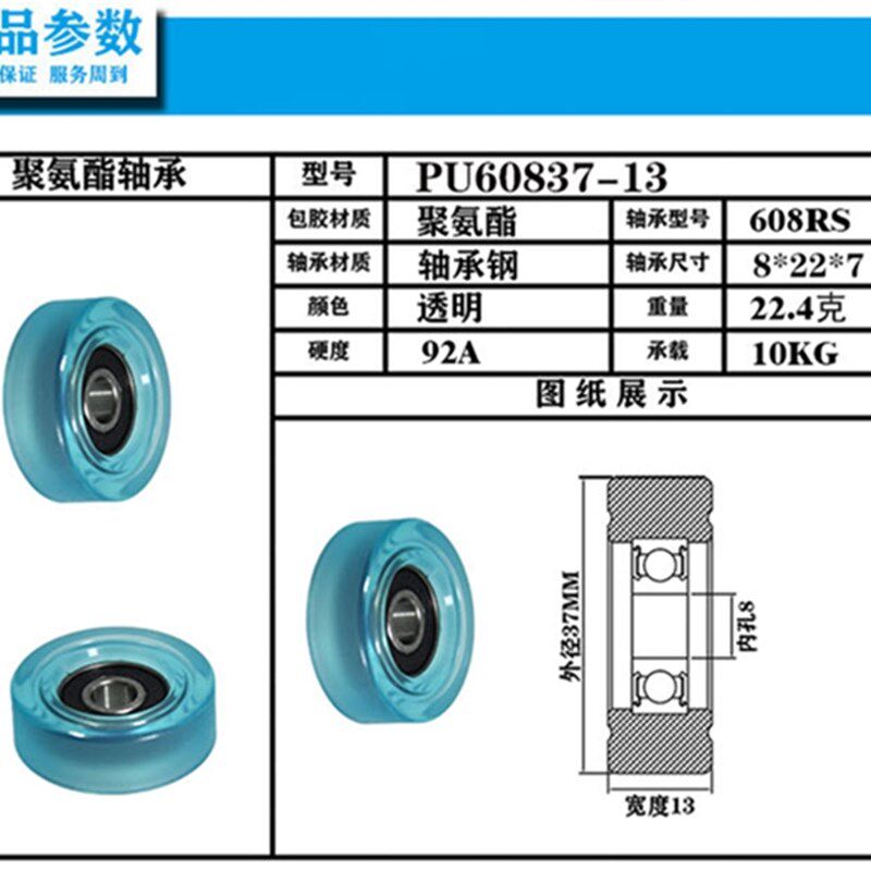 美斯美包胶轴承透明蓝聚氨酯滑轮92A静音耐磨滚轮MSM-PU60837-13