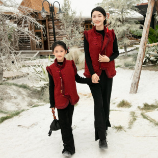 2026新款新中式中国风保暖棉服亲子装秋冬母女款拜年服背心裙马甲
