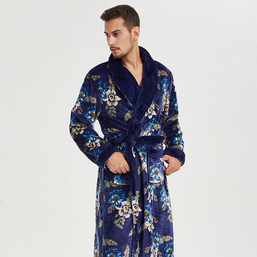 秋冬法兰绒情侣睡袍男加厚加绒睡衣珊瑚绒家居服大码加长款浴袍女