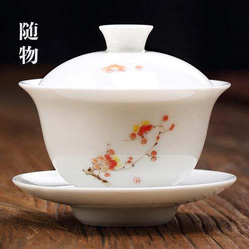 手绘白瓷盖碗单个陶瓷泡茶碗三才茶杯景德镇茶具高档茶盖碗三件套