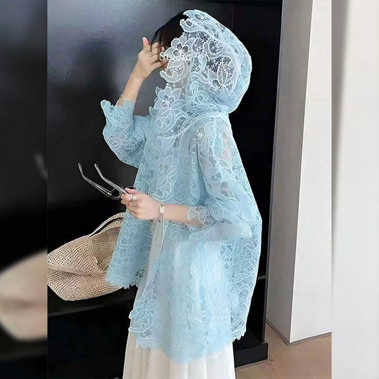 法式浪漫蓝色蕾丝钩花防晒衬衫女新款洋气微透设计显瘦连帽上衣夏