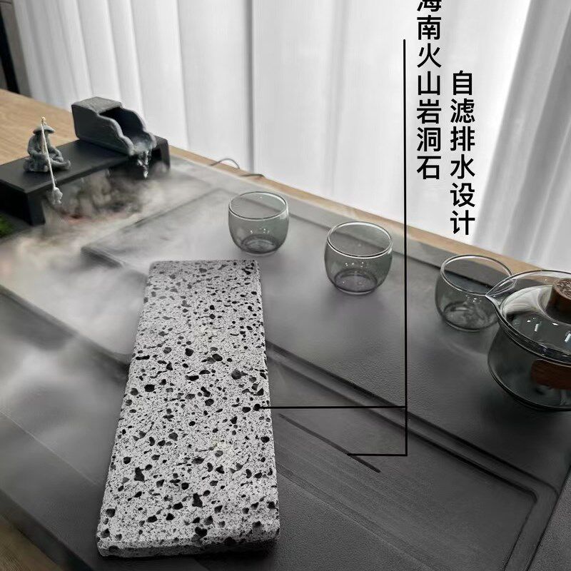 天然乌金石茶盘家用泡茶套装雾化流水养鱼石头茶台石材排水式茶海