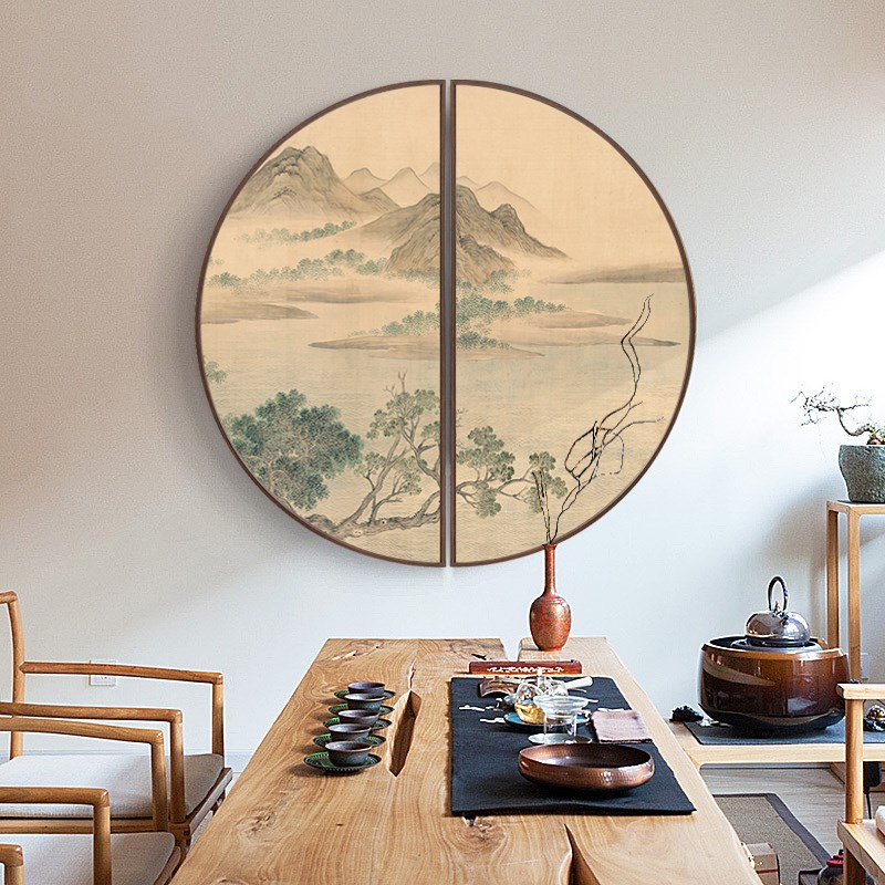 网红山栖谷隐新餐中式壁厅装饰画山水画禅意玄关挂画双半圆形工笔