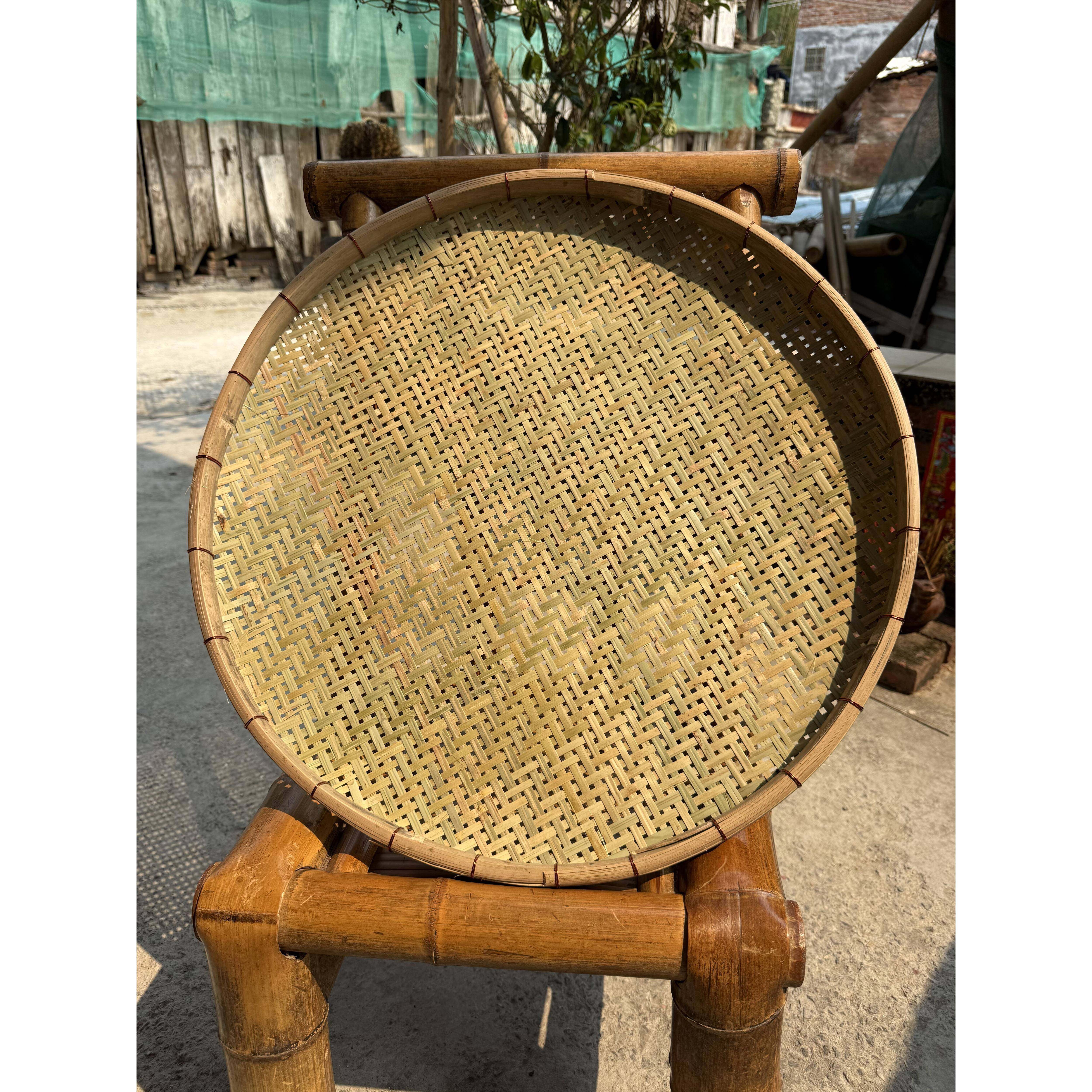 竹编簸箕晾晒编织手工圆形孔筛竹制品家用扎边竹扁铜丝筛子
