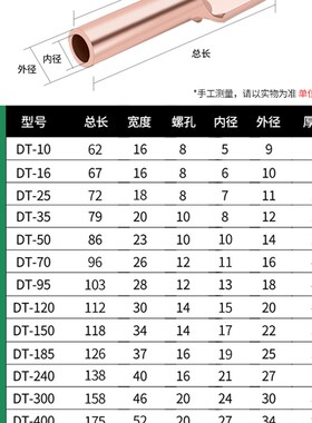 国标紫铜鼻子接线端子DT16/25/50/70/95镀锡压线耳堵油电缆线接头