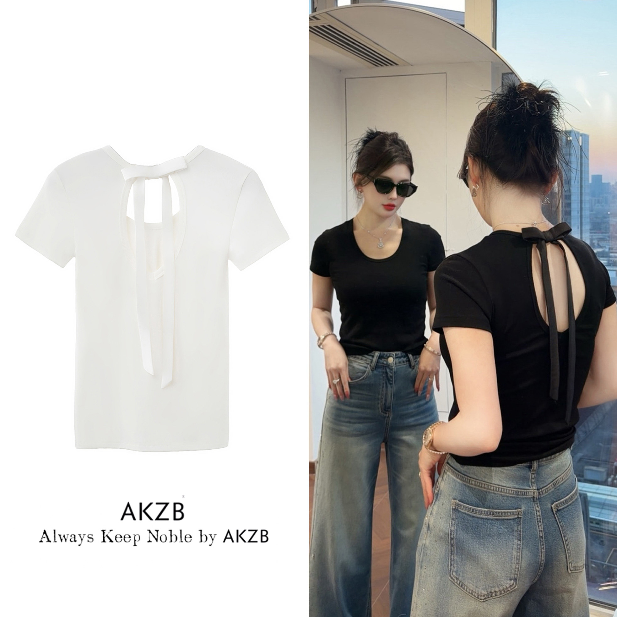 AKZB珂尼娜-2018“心机小蝴蝶”设计感纯色修身显瘦镂空蝴蝶结T恤