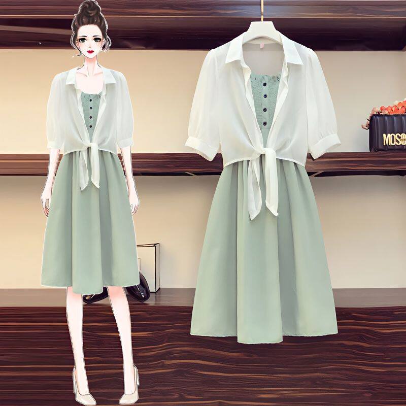 背心裙大码女装2026夏装新款胖mm肚吊带裙气质防晒衣两件套装裙潮