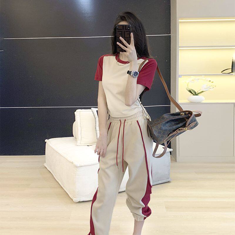 夏季2023爆款时尚休闲运动套装女洋气修身显瘦高级感短袖两件套潮