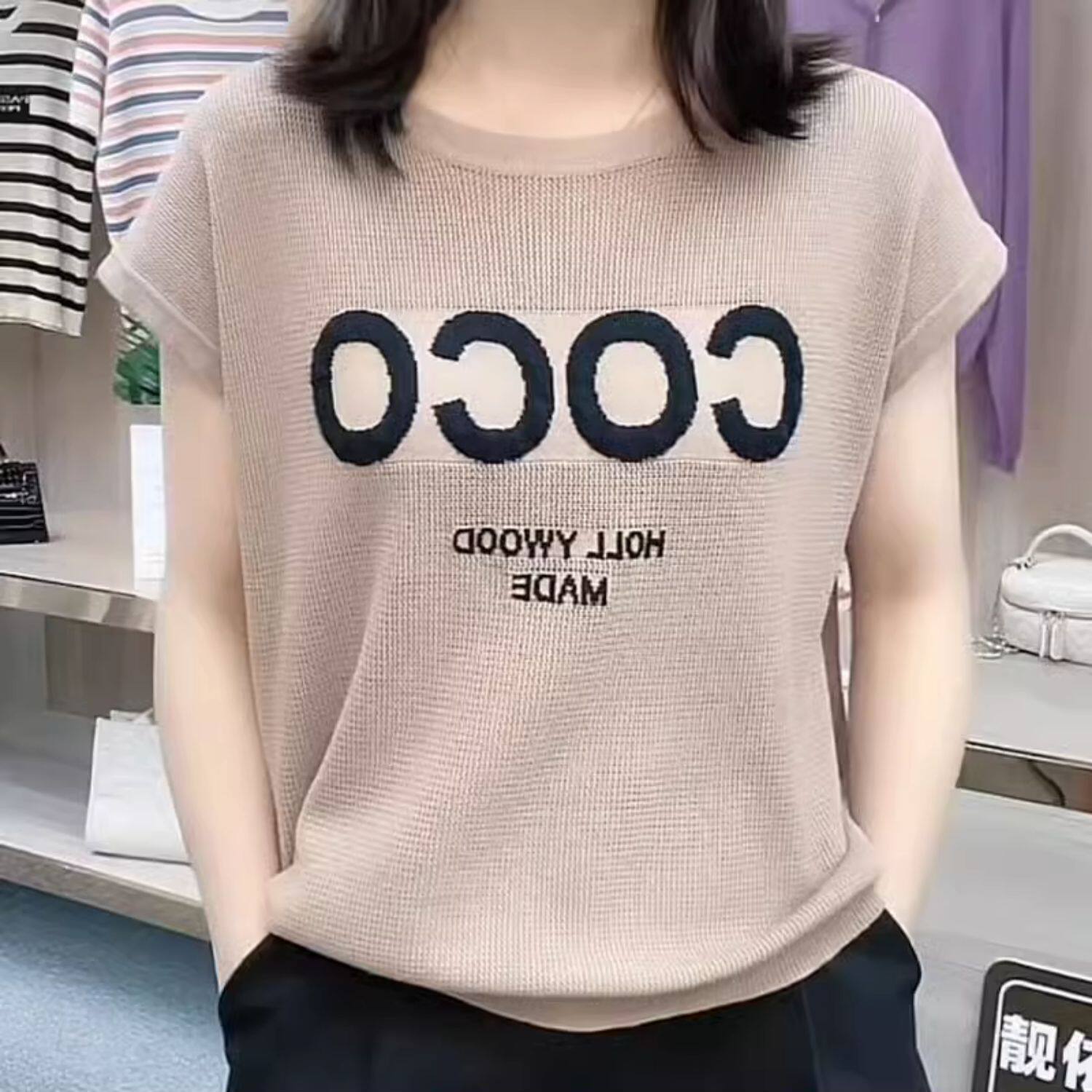 宽松冰丝短袖T恤女夏季薄款提花透气针织衫宽松大码遮肚外穿上衣