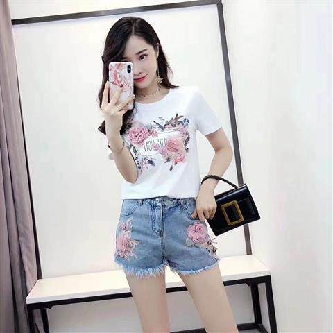 很仙的时尚两件套小清新夏季新款手工贴花短袖t恤+牛仔短裤套装