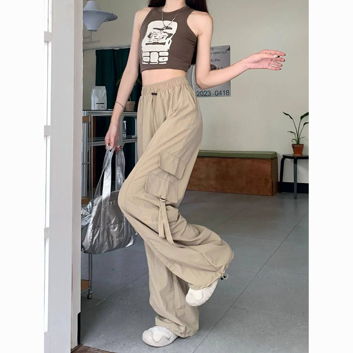 加大码300斤美式速干遮肉工装裤女夏季胖mm松紧腰显瘦束脚运动裤