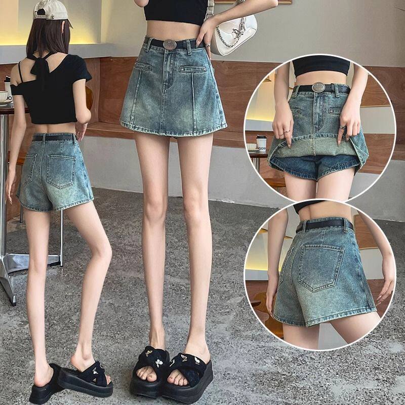 假两件牛仔半身裙女春夏薄高腰A字遮胯防走光小个子裤裙辣妹短裤