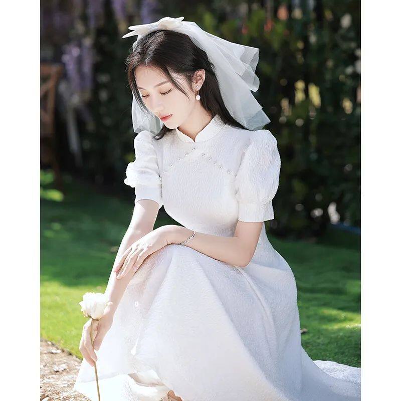 超仙白色气质连衣裙女夏季新款新中式收腰显瘦小个子法式旗袍礼服