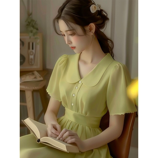 绿色娃娃领连衣裙雪纺裙女2025新款 气质长裙子 夏日超好看茶歇法式