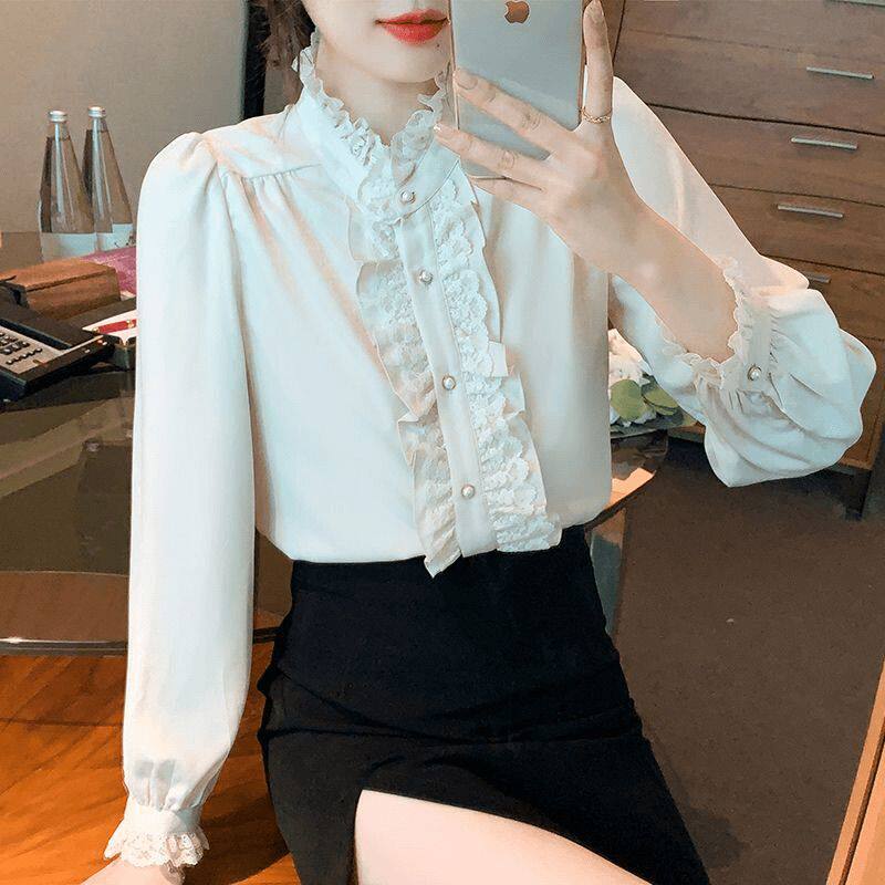 荷叶边长袖雪纺衬衫女士秋季2025新款秋装高级感法式气质上衣小衫