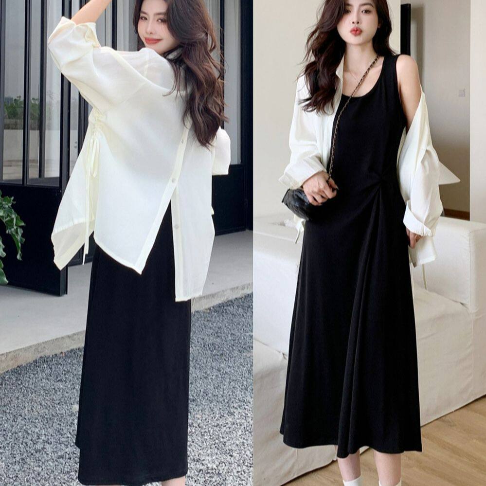 2025夏季新款大码胖mm防晒衬衫背心裙套装韩版时尚百搭裙子两件套