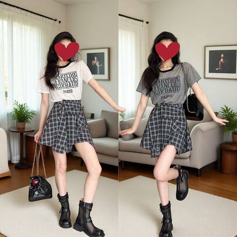 2025新款套装夏季格子时尚印花短袖不规则半身裙格子裙两件套