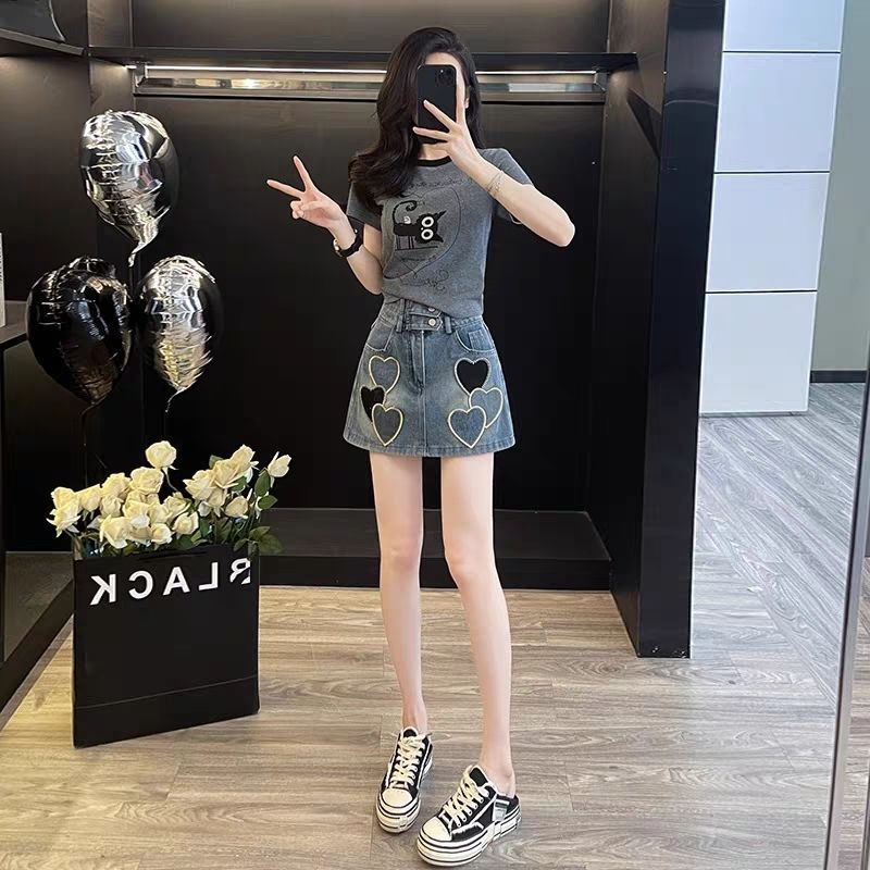 减龄一整套穿搭时尚短袖T恤牛仔裙裤套装女夏季上衣裙子两件套女