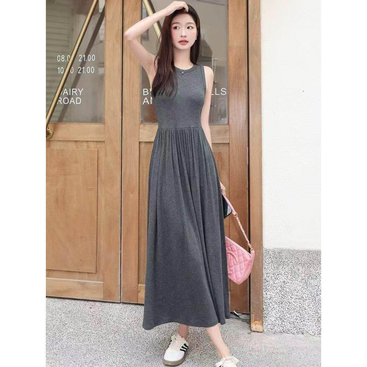 莫代尔春夏背心裙打底连衣裙女大码收腰外穿内搭无袖吊带过膝长裙