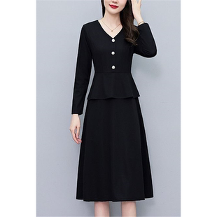 黑色赫本风假两件连衣裙女春秋新款气质高级感收腰显瘦大码中长裙