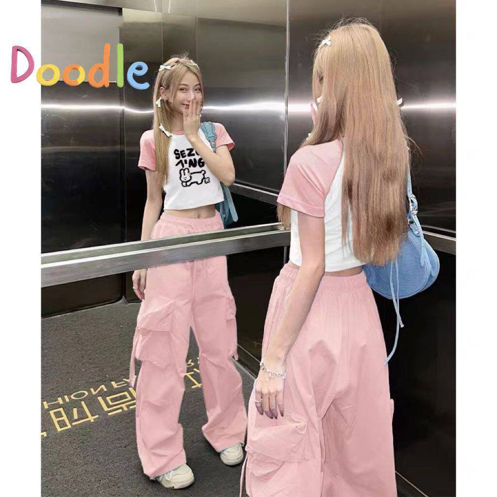 多巴胺甜妹套装女超仙夏季学生可爱短款辣妹上衣短袖工装裤两件套