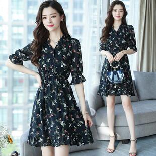 高档碎花裙女收腰显瘦中长款 大码 V领遮肚雪纺连衣裙 新款 2026夏季