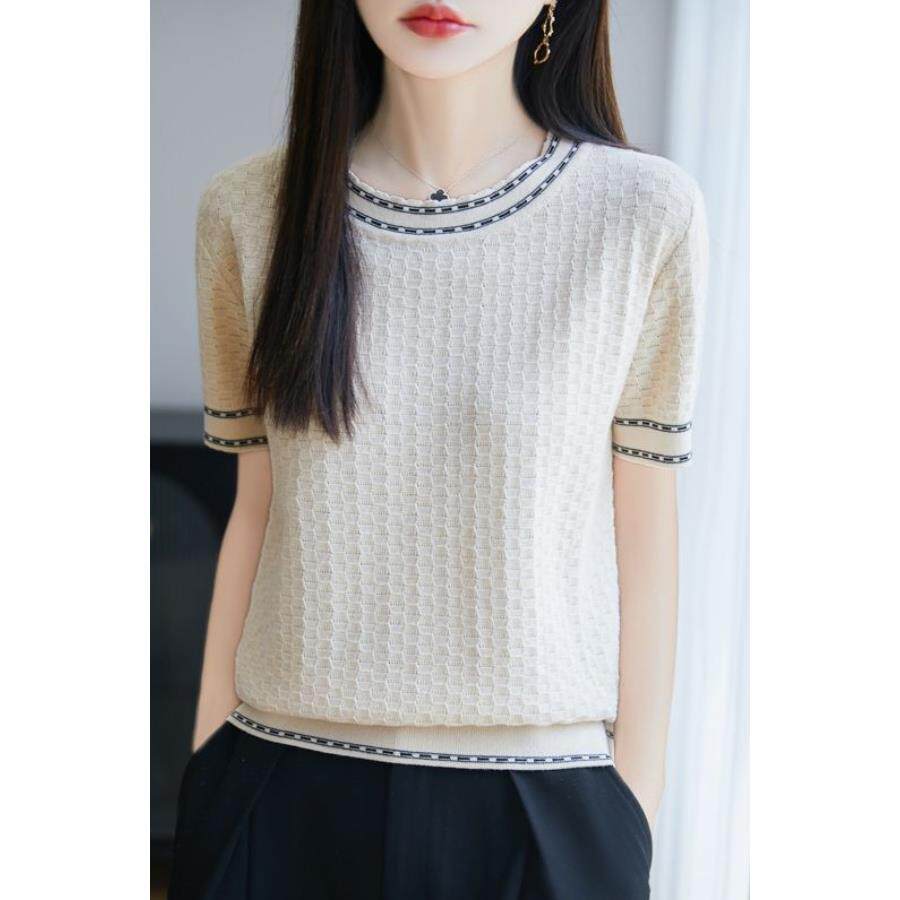 夏季撞色纯棉圆领小香风短袖T恤女夏装薄款高级感针织衫上衣小衫