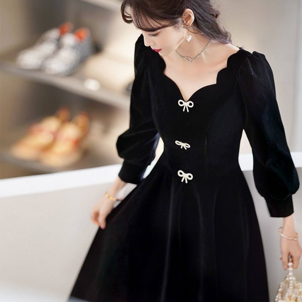 黑色晚礼服裙新款2025爆款轻奢小众高端宴会气质年会主持人蝴蝶结