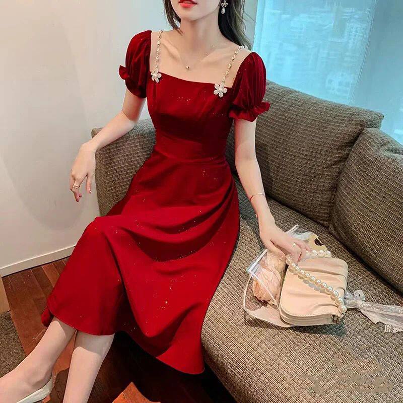 酒红色连衣裙2024新款新娘敬酒服订婚礼服连衣裙小个子平时可穿女