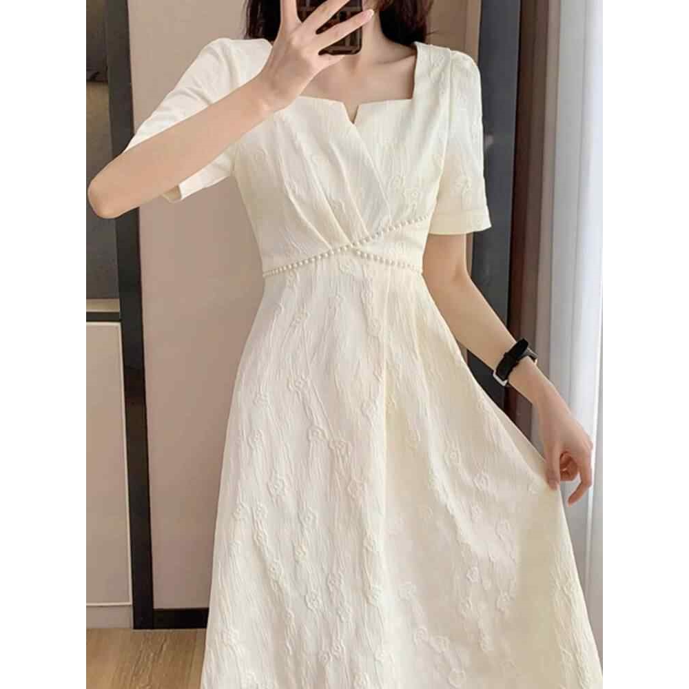 胖mm法式方领高级感提花连衣裙大码温柔少女气质轻奢礼服中长裙女