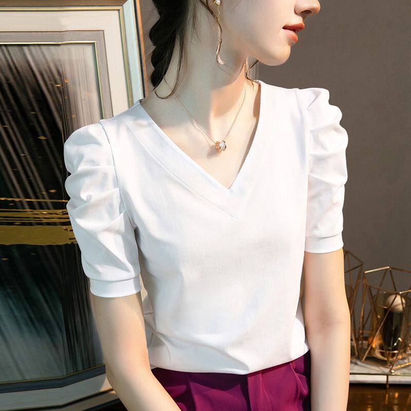 纯棉正肩短袖T恤女士宽松百搭打底衫高端V领设计感泡泡袖气质上衣
