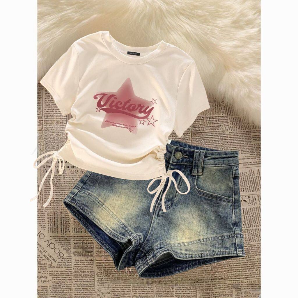 2025夏季套装学院风正肩短款上衣抽绳短袖女装复古牛仔短裤两件套