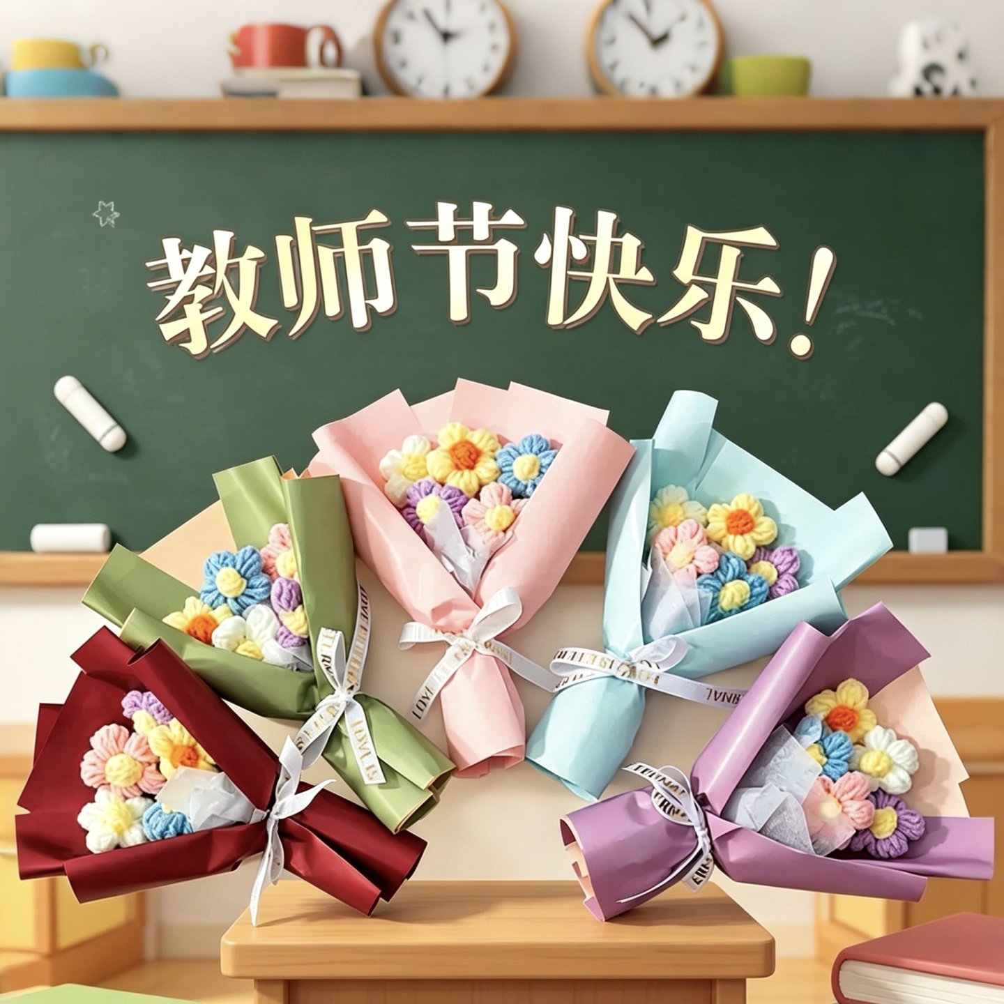 教师节手工编织小花束成品毛线太阳永生花送老师感恩谢师走心礼物