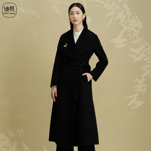 迪凯老钱风黑色毛呢系带大衣女