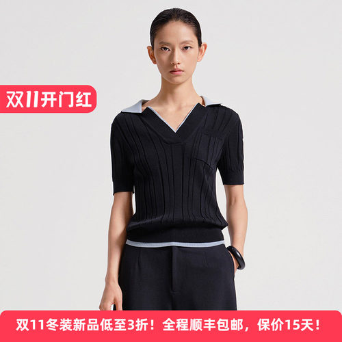 棉质压褶针织衫休闲T恤polo上衣