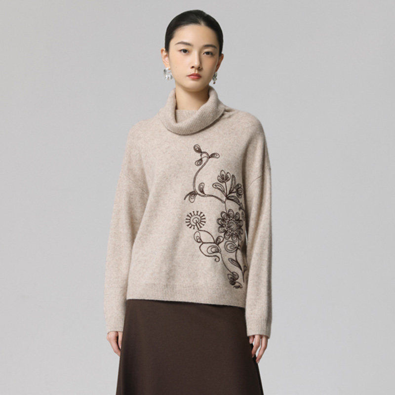 Distin Kidny/迪凯冬季新品绵羊毛耗牛绒高领文艺印花女毛衫上衣