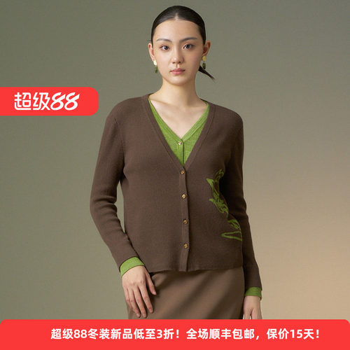 复古撞色休闲国风印花女针织开衫